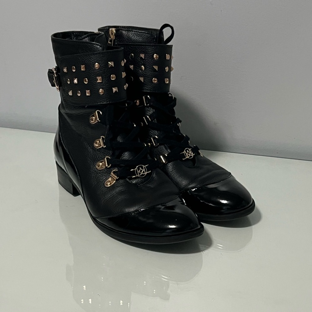 Kazar Studded Black Leather Combat Boots